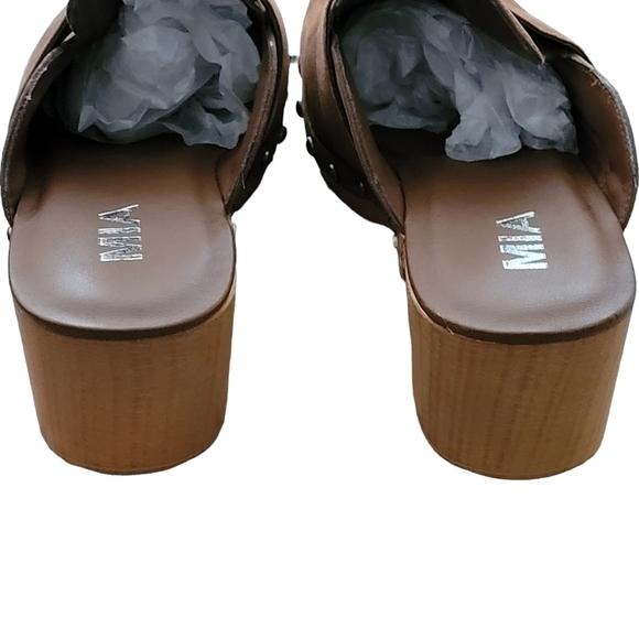 MIA Daisy Heel Clogs Brown Studs Wood Suede Slip On Vegan Leather 70s Y2K NEW - Picture 9 of 16